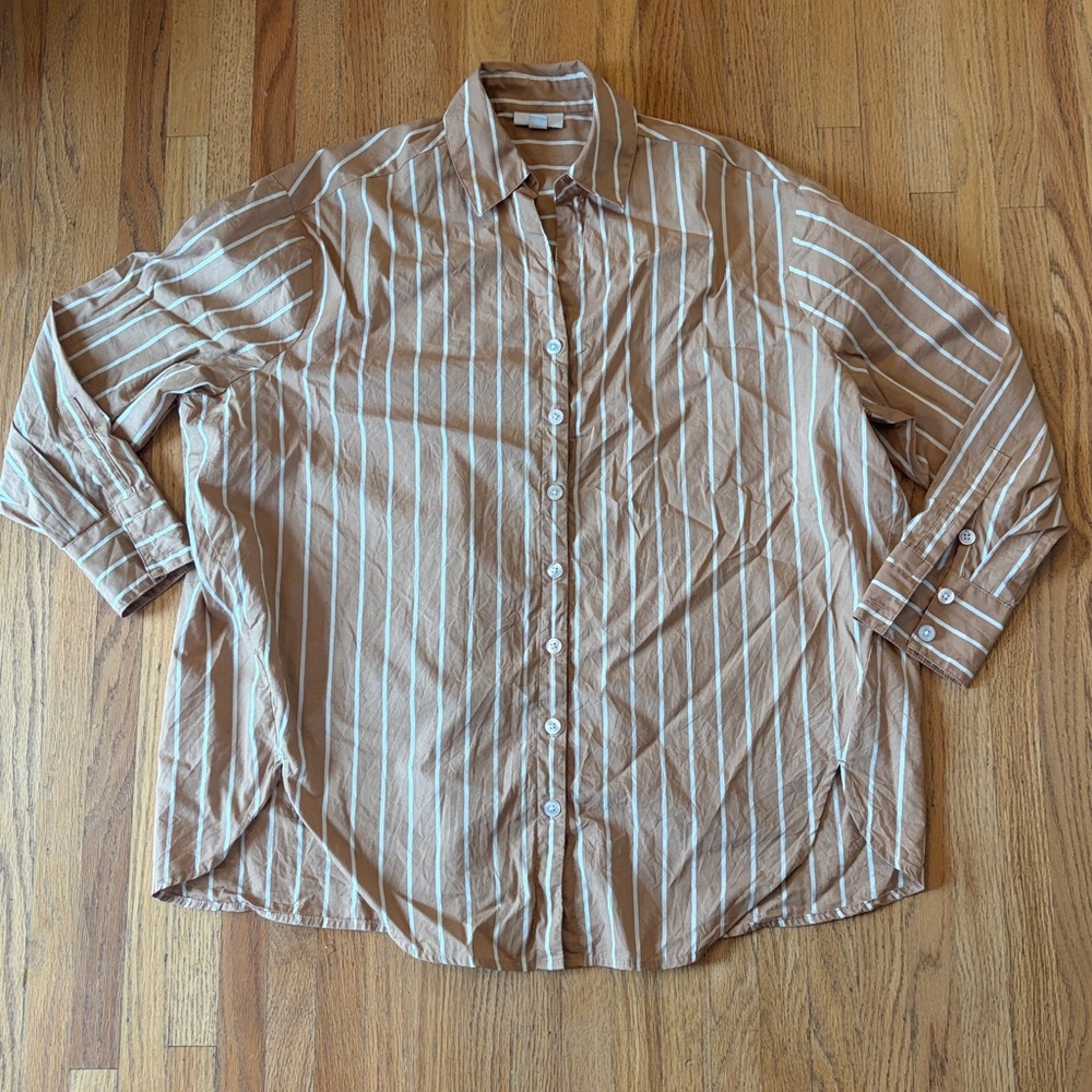 J. Jill Oversized 100% Cotton Striped Blouse, V-neck collar